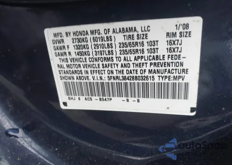 2008 Honda Odyssey Ex z USA, uszkodzony, nr VIN 5FNRL38428B032615
